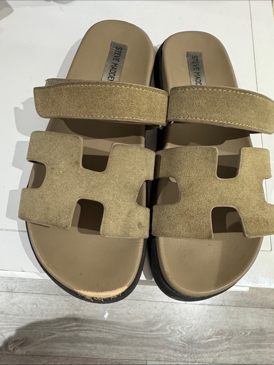 Steve Madden Shoes - Steve Madden Olive Tan Suede Double-Strap Slide Sandals US